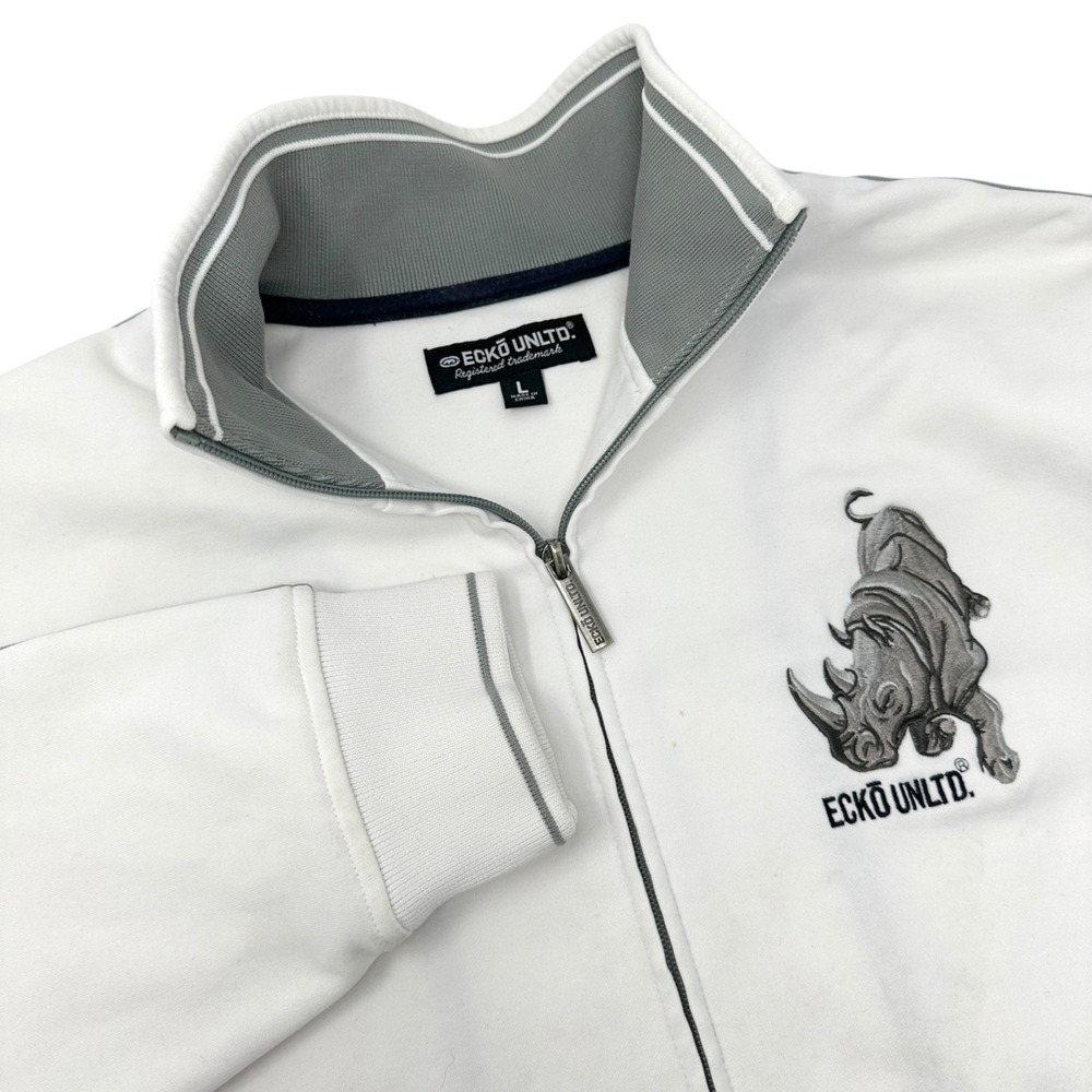 ECKO UNLTD. White‎ Track Jacket Full Zip Pockets Rhino FLAW Size Large